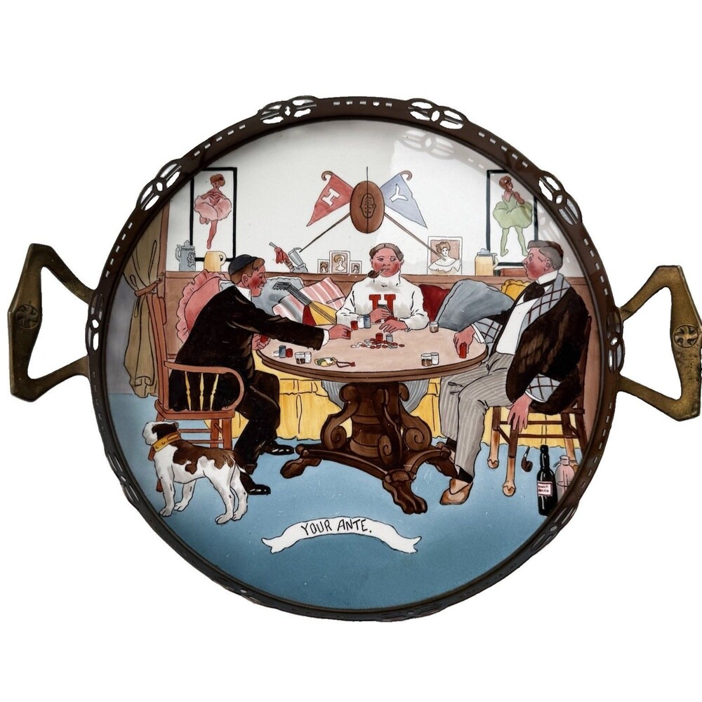 Antique German Porcelain Poker Serving Tray Your Ante Brass Metal Rim WMF Style